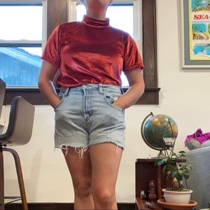 Vintage 80's 90's Solid Red Mock Neck Short Sleeve Velvet Blouse